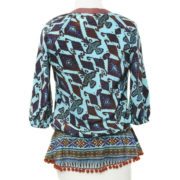 PLENTY TRACY REESE Colorful Tribal Pattern Peplum Boho Silk Pompom Trim Blouse - Picture 4 of 6